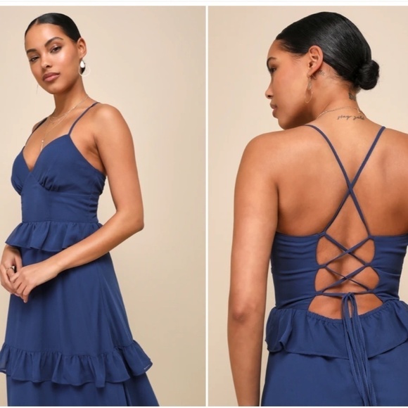 LULU's Prom Wedding Boho Romantic Ruffle Corset Tie Back Maxi Dress  NWOT - Picture 4 of 4